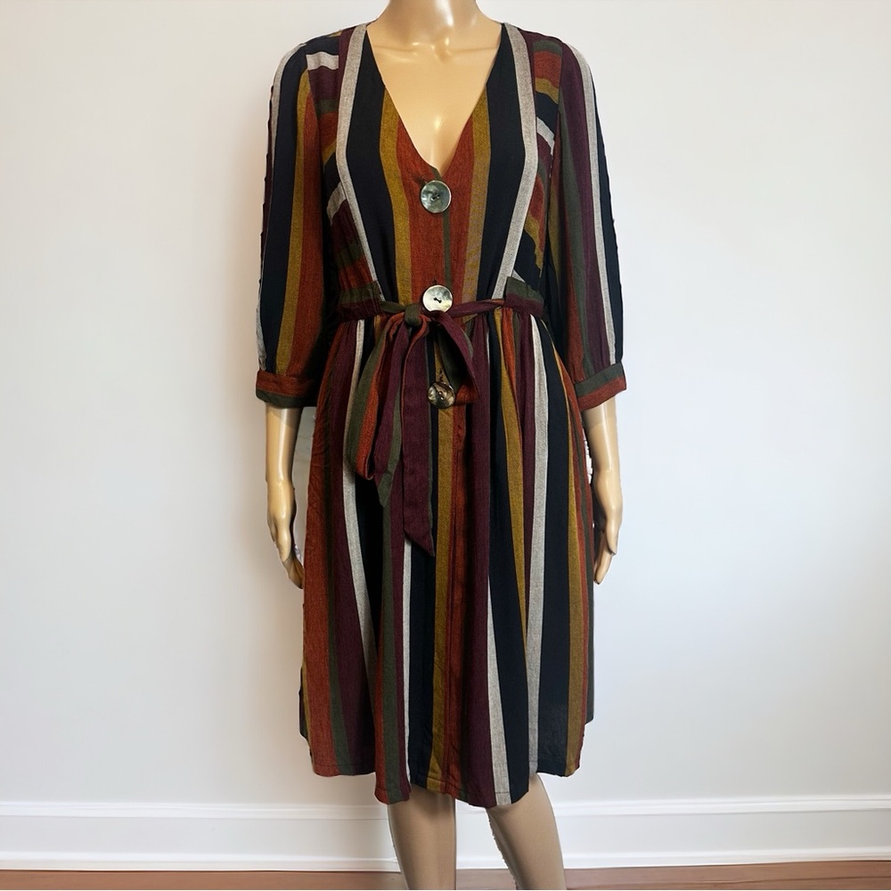 Zara Statement Button Bohemian Artist Stripe Belted Dress With Pockets READ